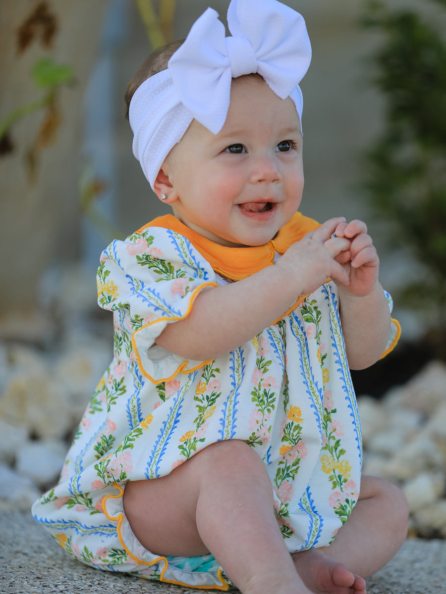 Fall Smocked Floral & Stripe Baby Girl Romper with Scallop Collar