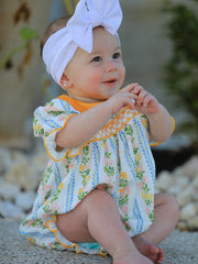 Fall Smocked Floral & Stripe Baby Girl Romper with Scallop Collar