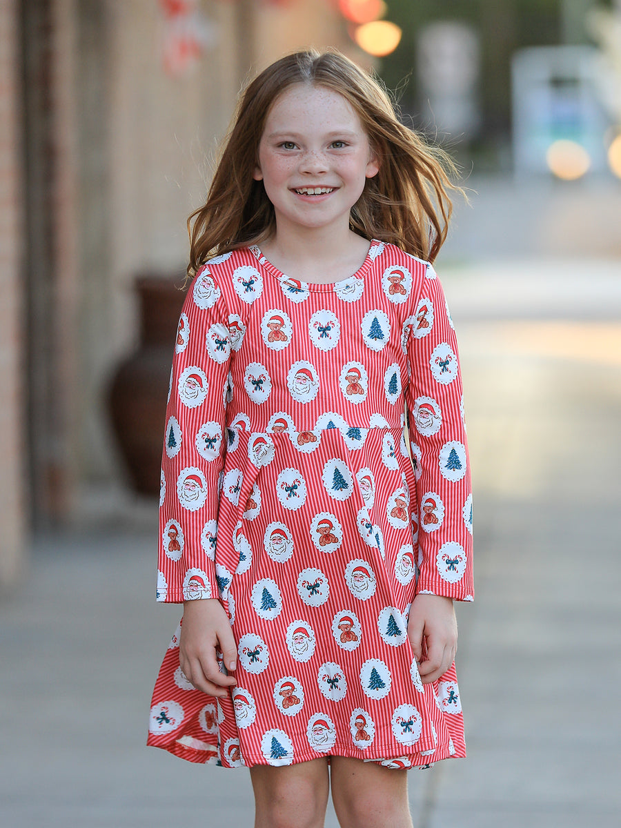 Christmas Girls' Santa and Tree Striped Dress