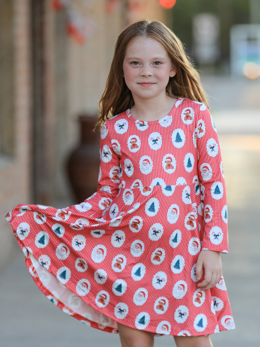Christmas Girls' Santa and Tree Striped Dress