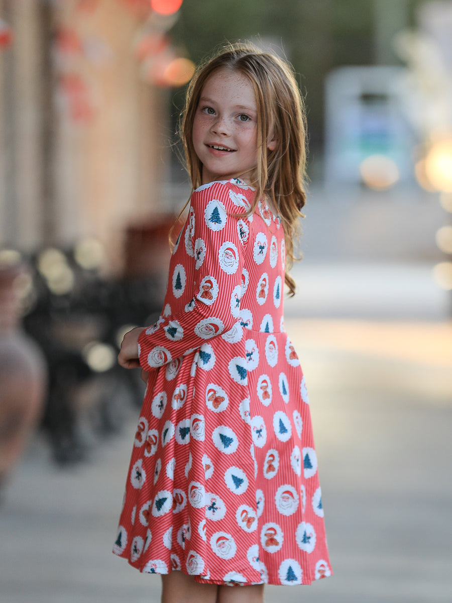 Christmas Girls' Santa and Tree Striped Dress