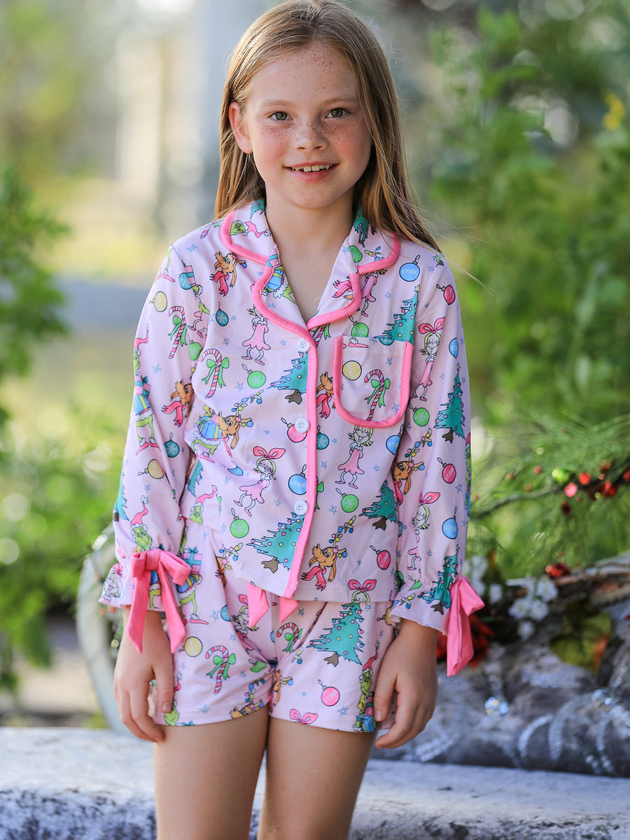 Christmas Girls Holiday Figure Bow Pajama Set