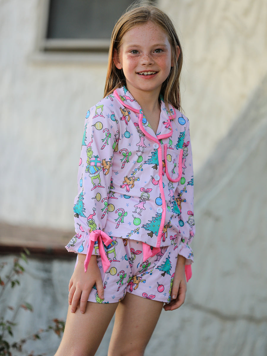 Christmas Girls Holiday Figure Bow Pajama Set