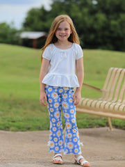 White Top And Daisy-Print Flared Pants Girl's Outfit