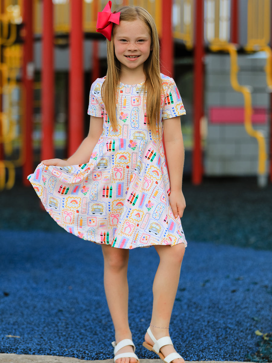 girls short sleeve dress Organic Cotton Short Sleeve Drop Waist Dress Navy / XS(4-5)