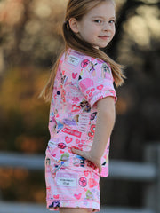 Pink TS Lapel Button Short Sleeve Shorts Pajama Set