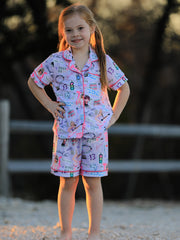 Purple TS Lapel Button Short Sleeve Shorts Pajama Set