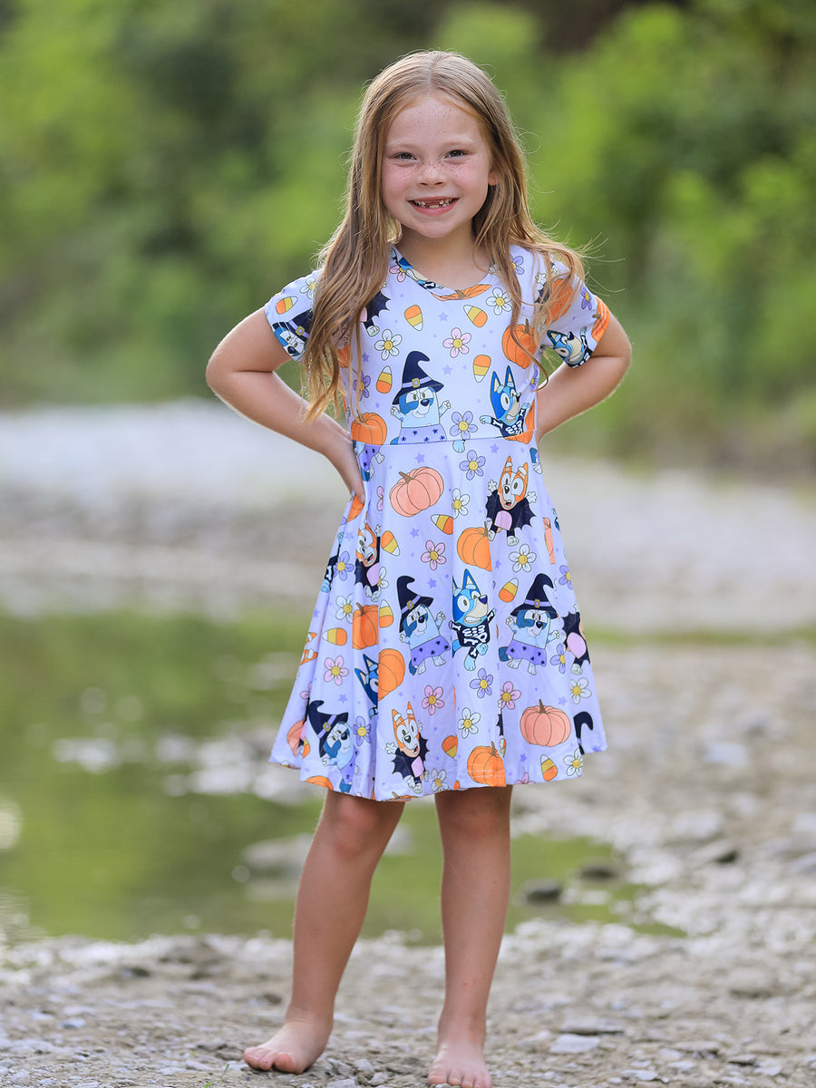 Fall Halloween Cartoon Girls Pumpkin Print Milk Silk Dress