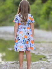 Fall Halloween Cartoon Girls Pumpkin Print Milk Silk Dress