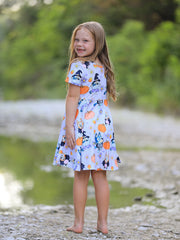 Fall Halloween Cartoon Girls Pumpkin Print Milk Silk Dress