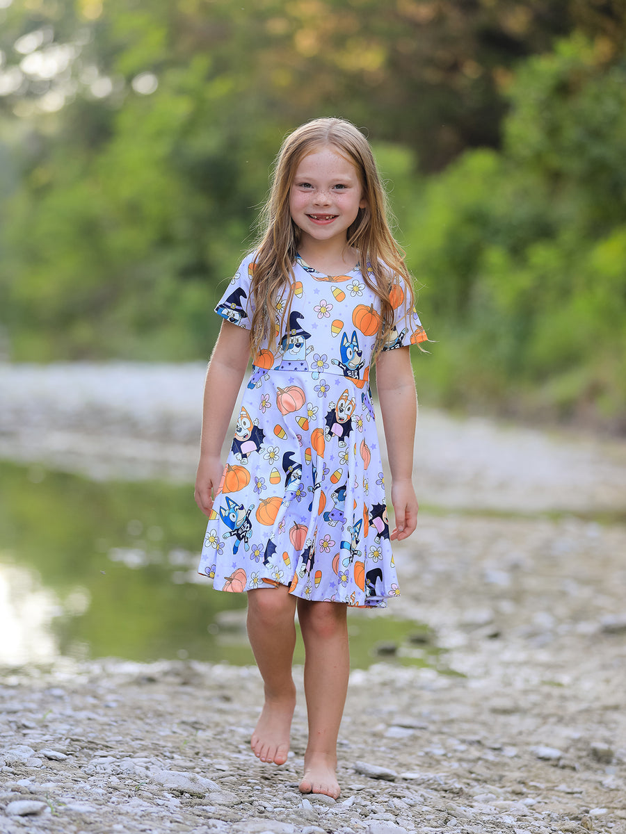 Fall Halloween Cartoon Girls Pumpkin Print Milk Silk Dress