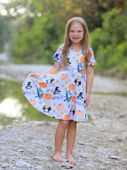 Fall Halloween Cartoon Girls Pumpkin Print Milk Silk Dress