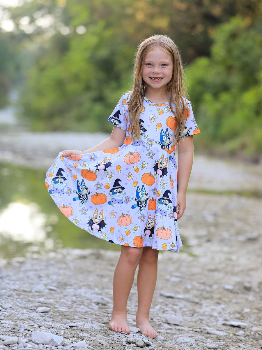 Fall Halloween Cartoon Girls Pumpkin Print Milk Silk Dress