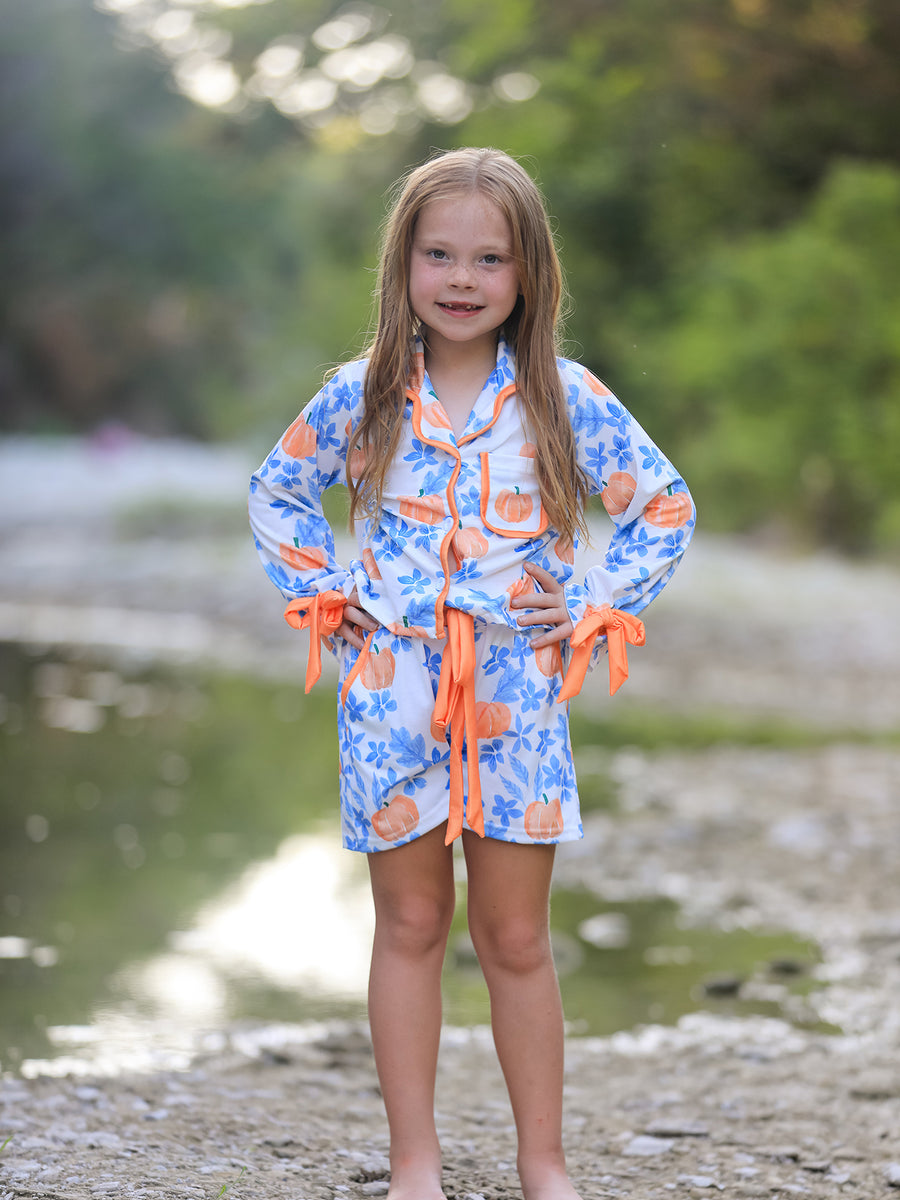 Thanksgiving Day Pumpkin Floral Print Girls Pajamas Set