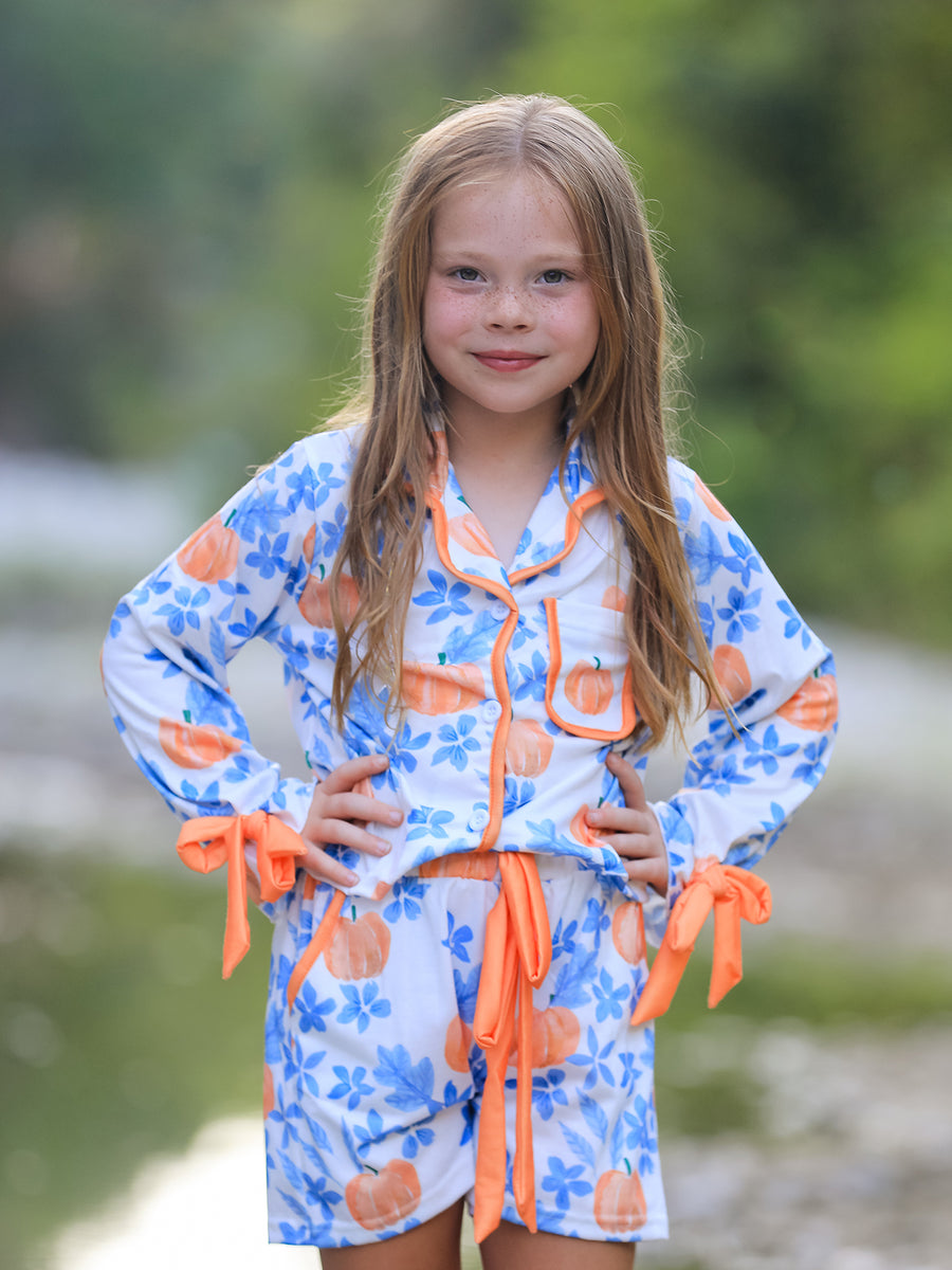 Thanksgiving Day Pumpkin Floral Print Girls Pajamas Set