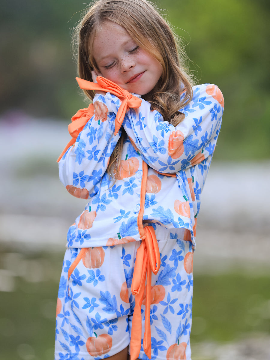 Thanksgiving Day Pumpkin Floral Print Girls Pajamas Set