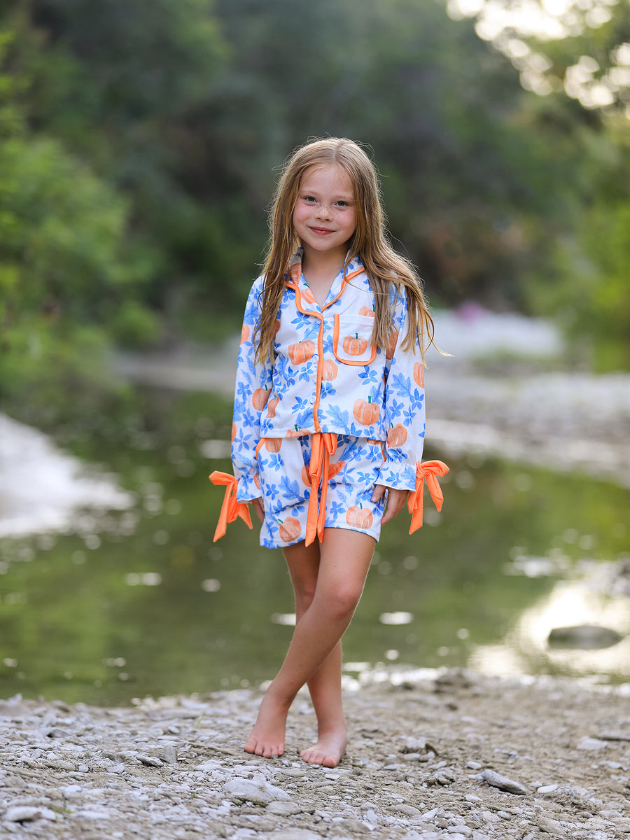 Thanksgiving Day Pumpkin Floral Print Girls Pajamas Set