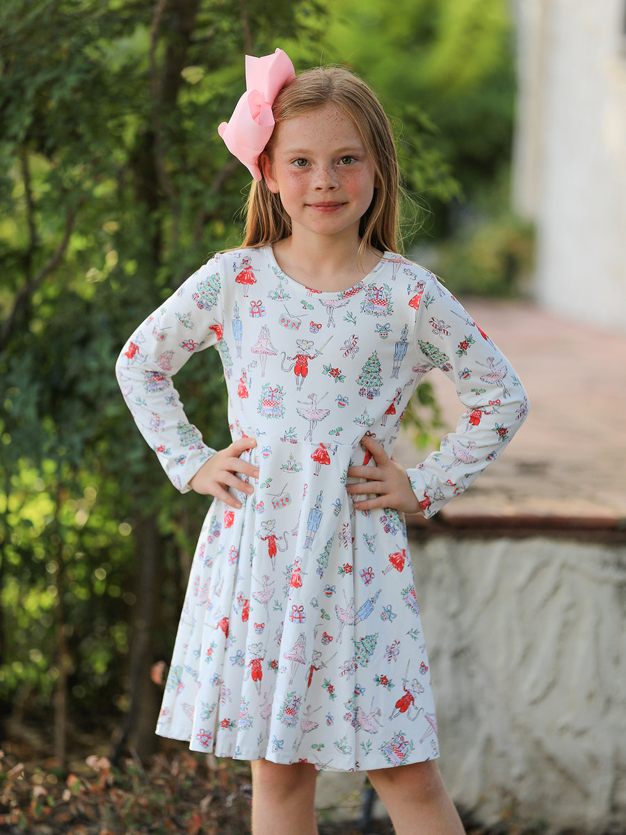 Christmas Girls Holiday Ballet-Inspired Print Dress