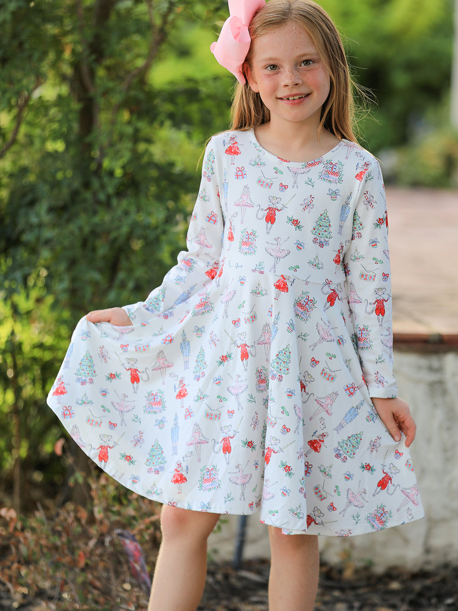 Christmas Girls Holiday Ballet-Inspired Print Dress