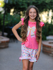Girls Floral Bow Applique Top Ruffle Shorts Set