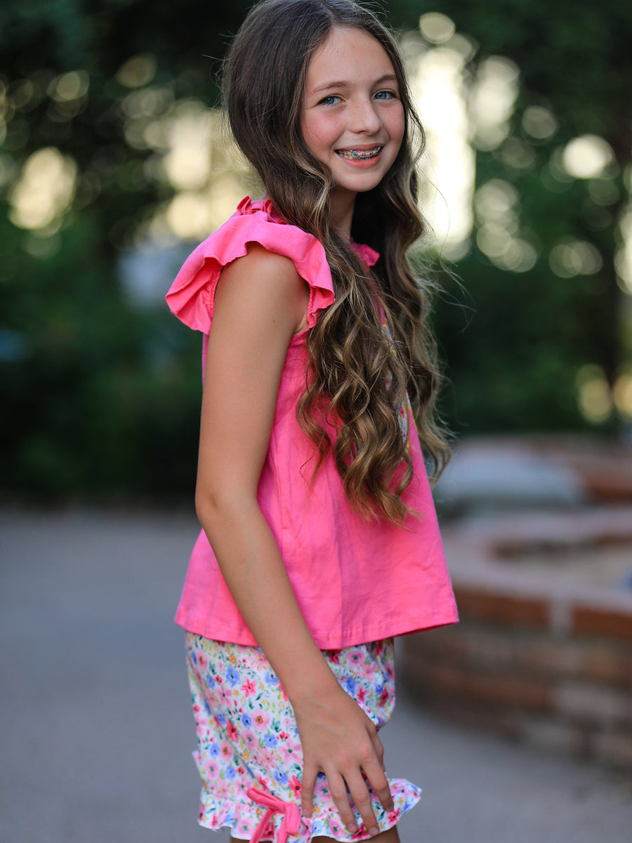 Girls Floral Bow Applique Top Ruffle Shorts Set