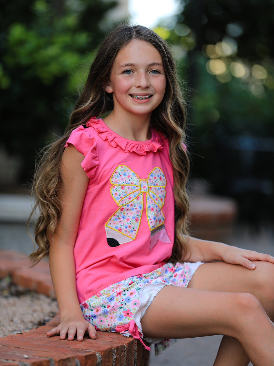Girls Floral Bow Applique Top Ruffle Shorts Set