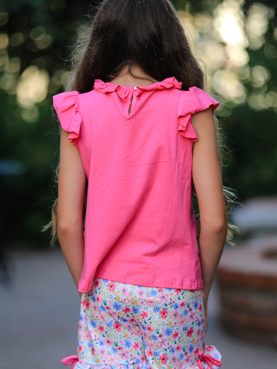 Girls Floral Bow Applique Top Ruffle Shorts Set