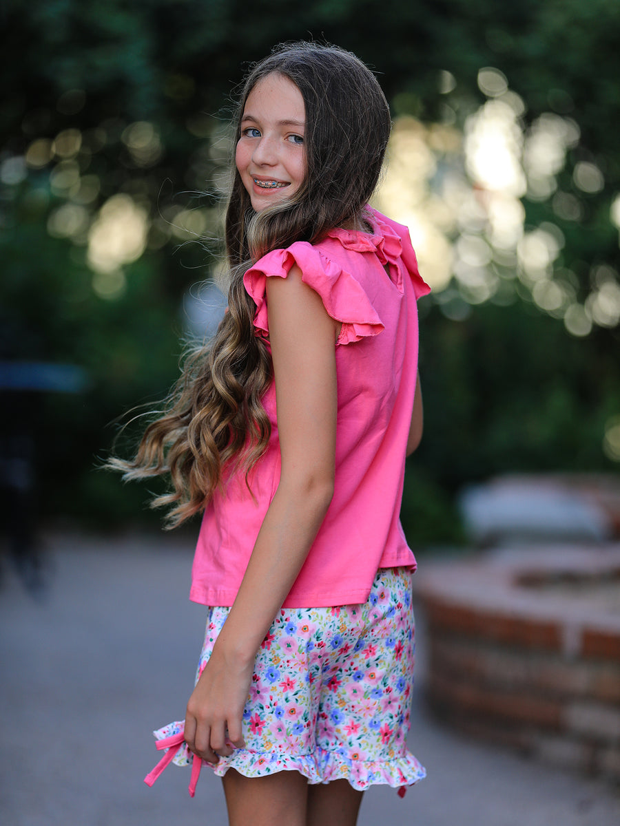 Girls Floral Bow Applique Top Ruffle Shorts Set