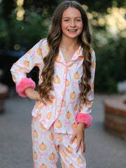 Halloween Thanksgiving Pumpkin Bow Fur Pajama Set