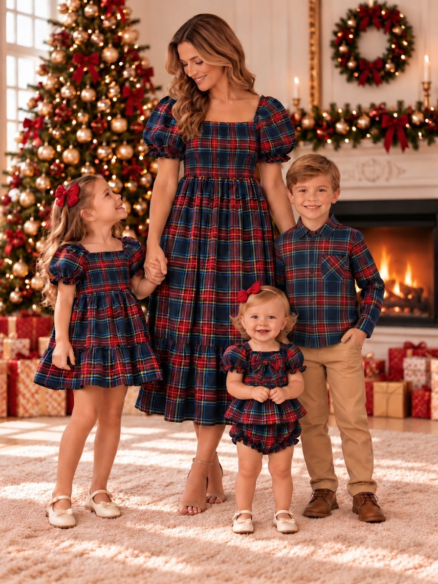 Mommy & Me Christmas Plaid Dresses & Baby Bloomer Set