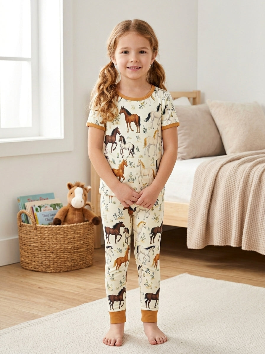 Girls Western Horse Print Short Sleeve Pajama Set