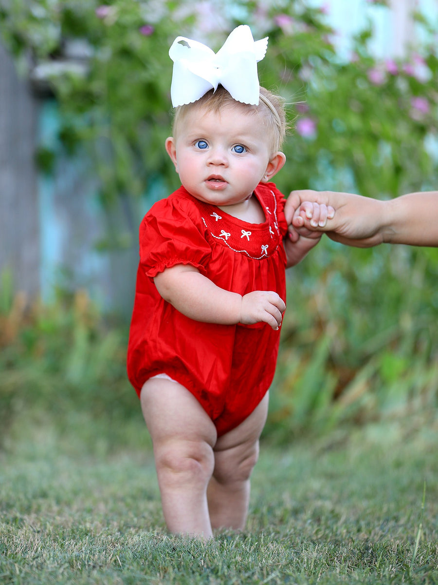 Girls Bow Smocking Embroidered Red Romper