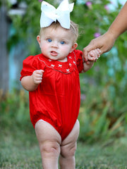 Girls Bow Smocking Embroidered Red Romper