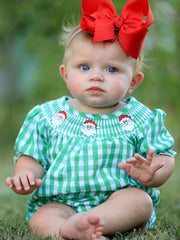 Christmas Santa Claus Smocking Green Plaid Embroidery Baby Girls Romper