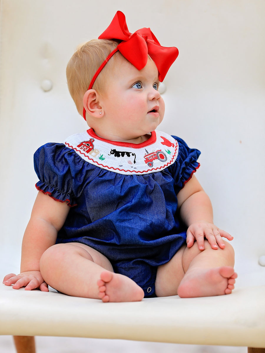 Girls Farm Smocking Embroidered Blue Romper