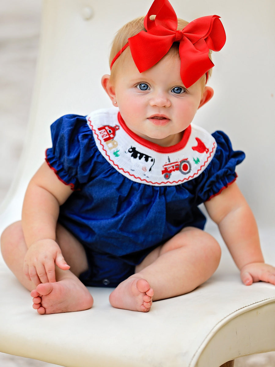 Girls Farm Smocking Embroidered Blue Romper