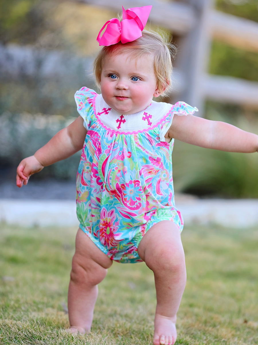 Easter Cross Smocking Embroidery Baby Girl Romper