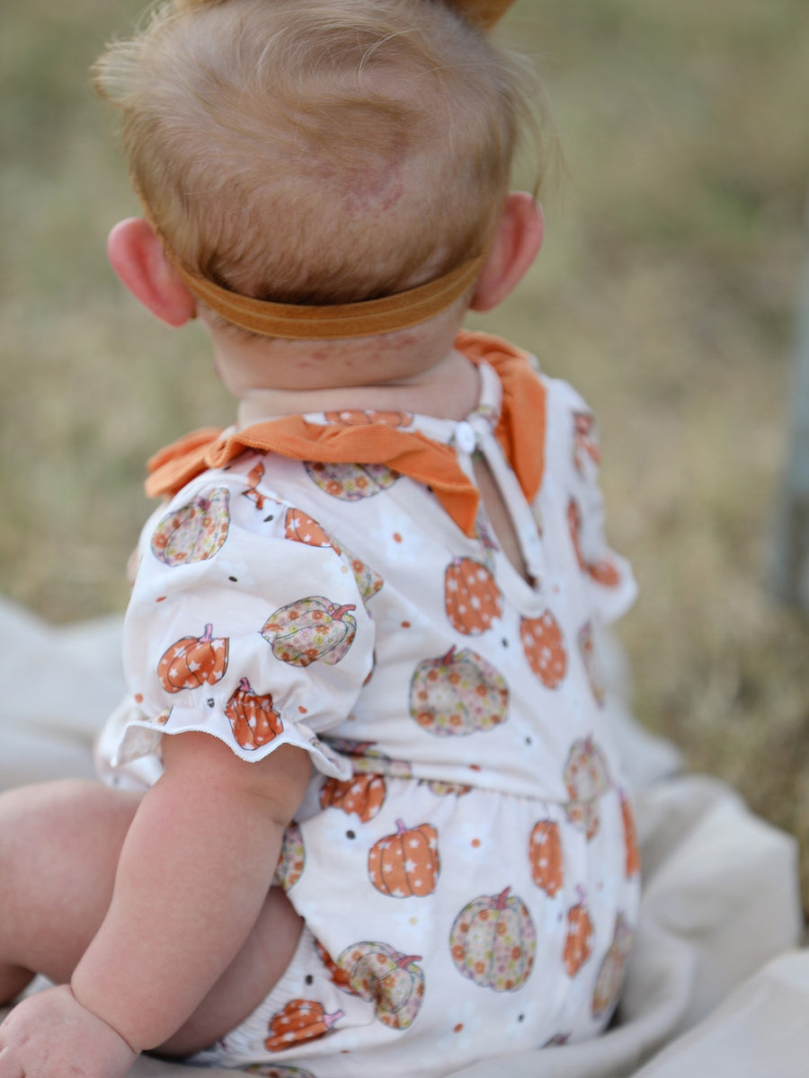 Halloween Baby Girls Woven Pumpkin Smocking Embroidered Romper