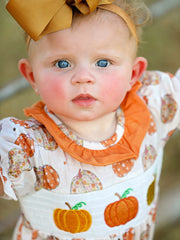 Halloween Baby Girls Woven Pumpkin Smocking Embroidered Romper