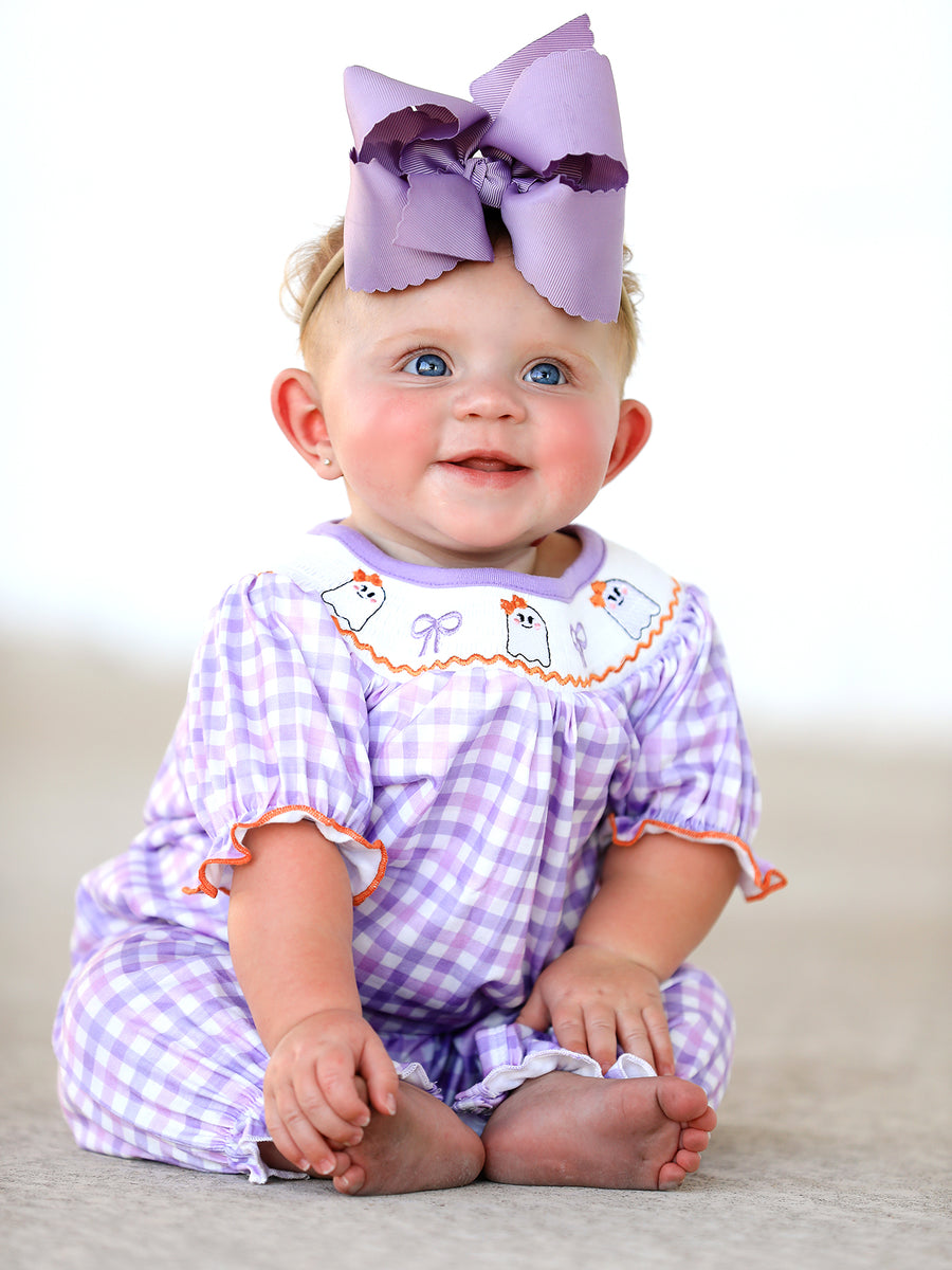 Halloween Girls Purple Smocking Ghost Bow Embroidery Plaid Romper