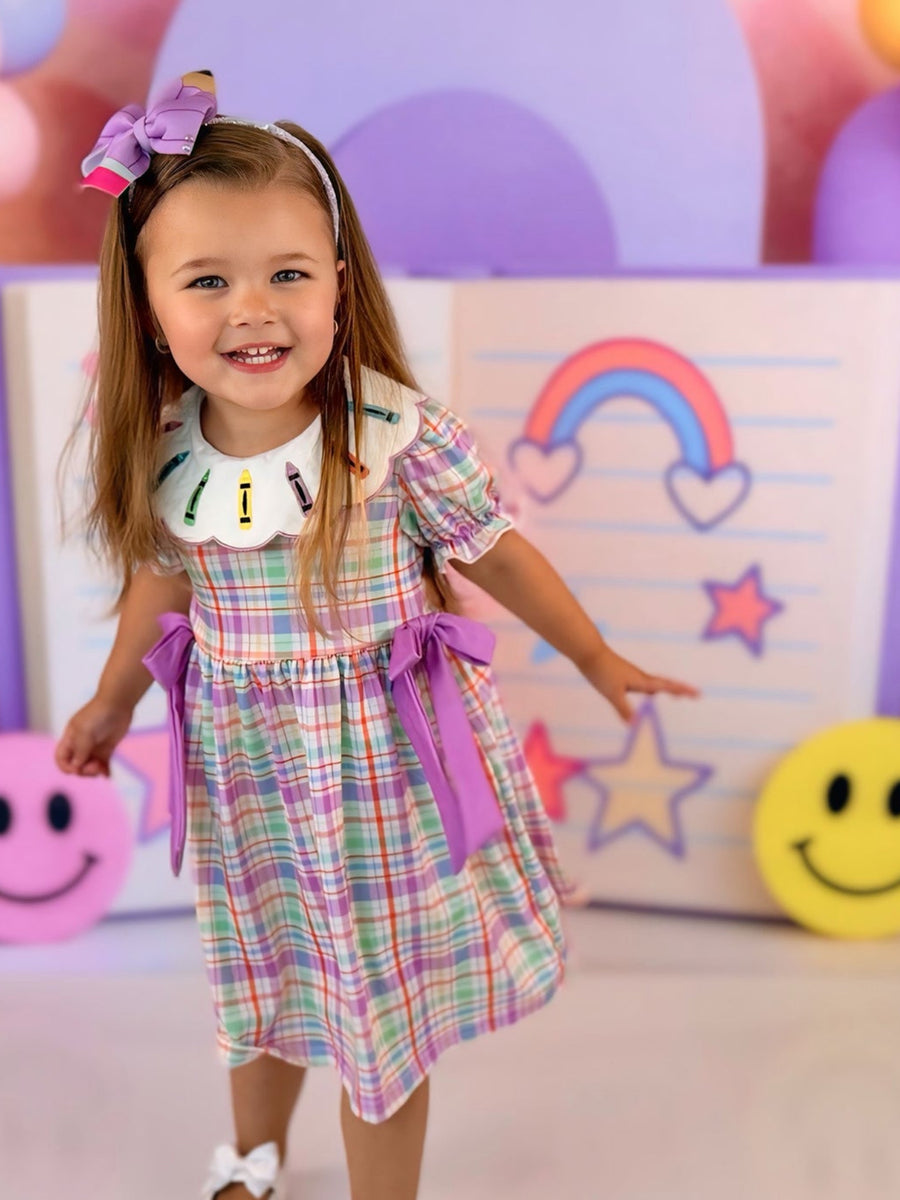 Back To School Plaid Crayon Embroidery Girls Dress Bow Puff Sleeve