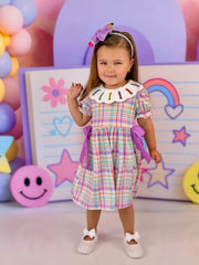Back To School Plaid Crayon Embroidery Girls Dress Bow Puff Sleeve
