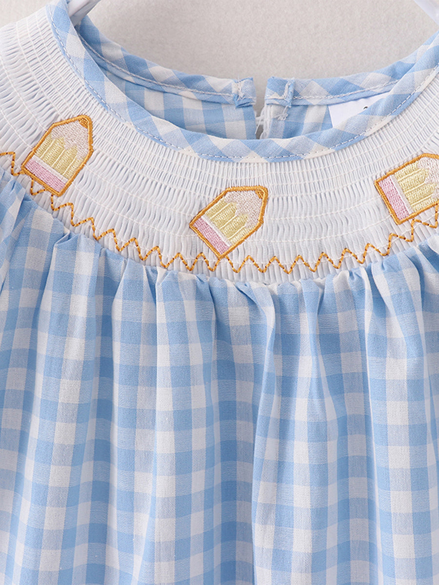 Girls Back to School Smocking Pencil Embroidered Plaid Dress