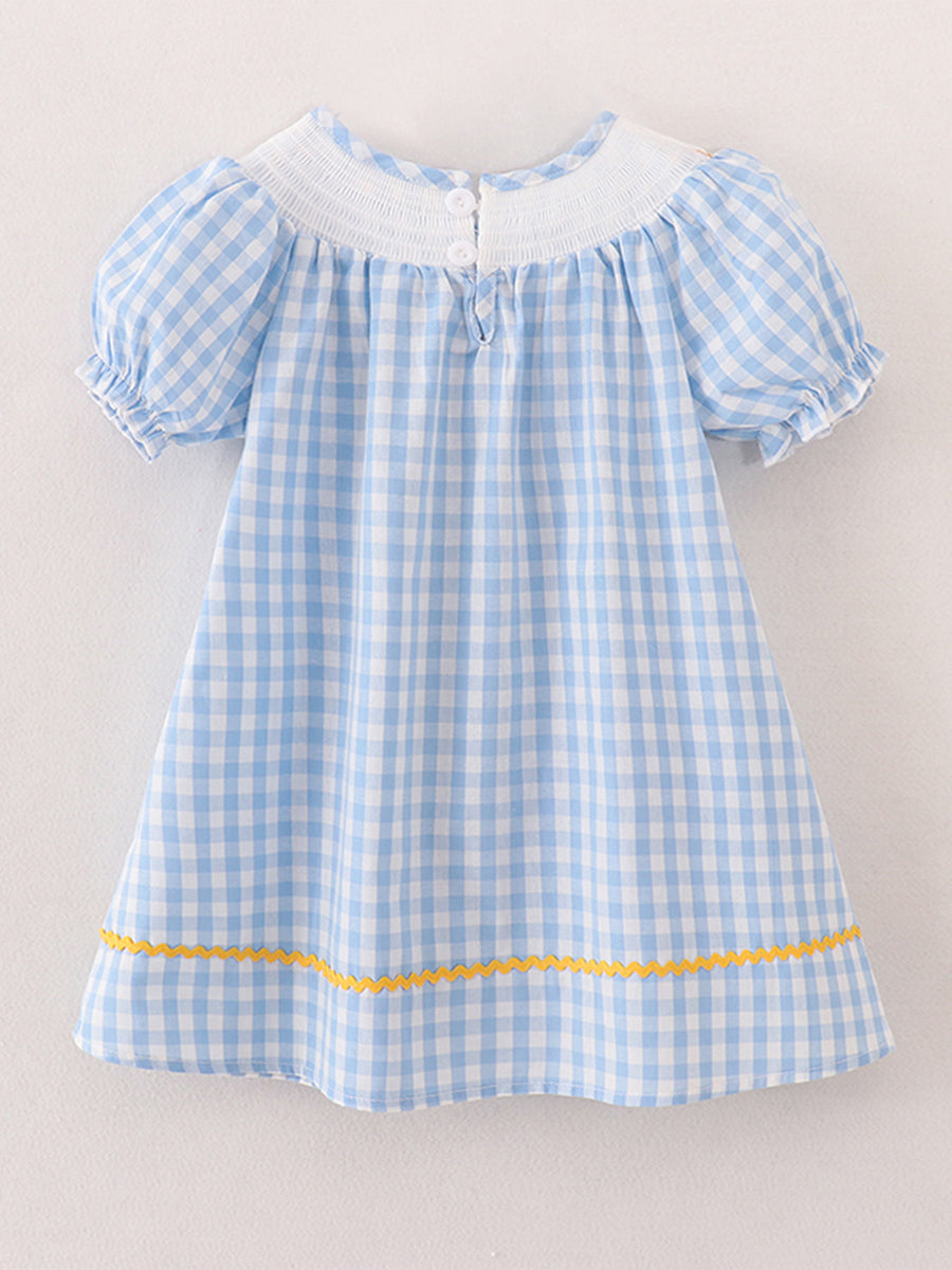 Girls Back to School Smocking Pencil Embroidered Plaid Dress