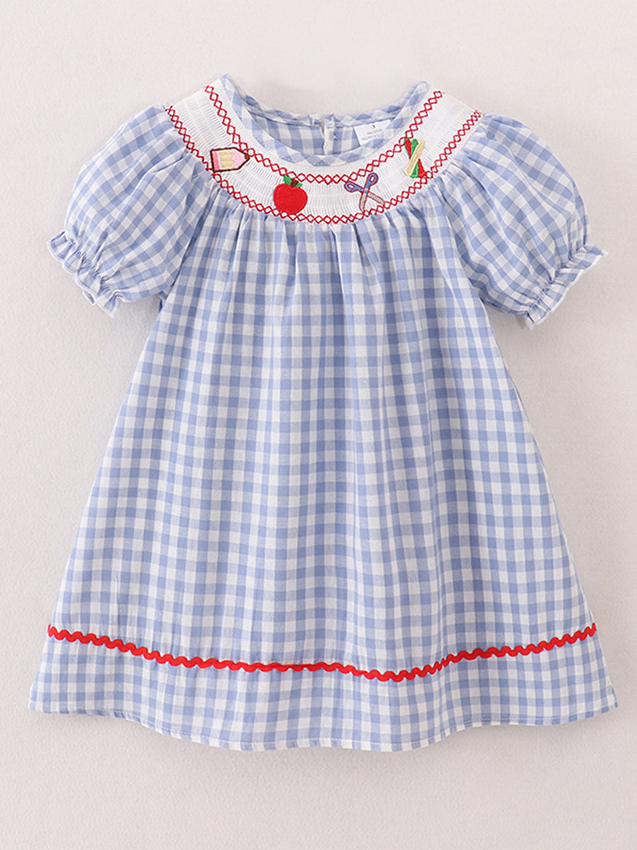 Girls Back to School Smocking Pencil Apple Embroidered Plaid Dress