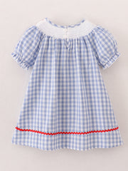 Girls Back to School Smocking Pencil Apple Embroidered Plaid Dress