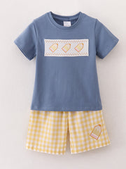 Boys Back to School Smocking Pencil Applique Plaid Shorts Set