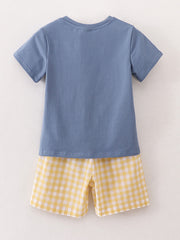 Boys Back to School Smocking Pencil Applique Plaid Shorts Set