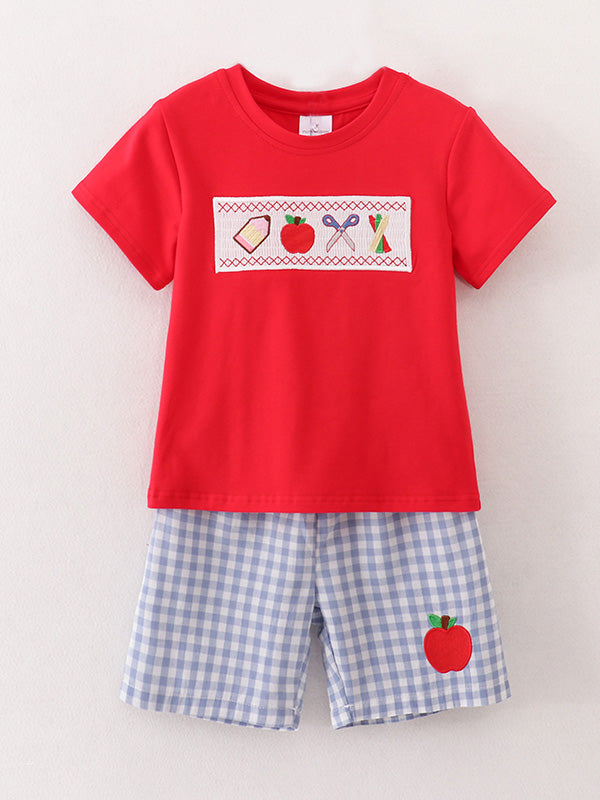 Boys Back to School Pencil Apple Applique Plaid Shorts Set