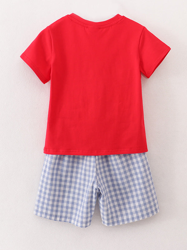 Boys Back to School Pencil Apple Applique Plaid Shorts Set